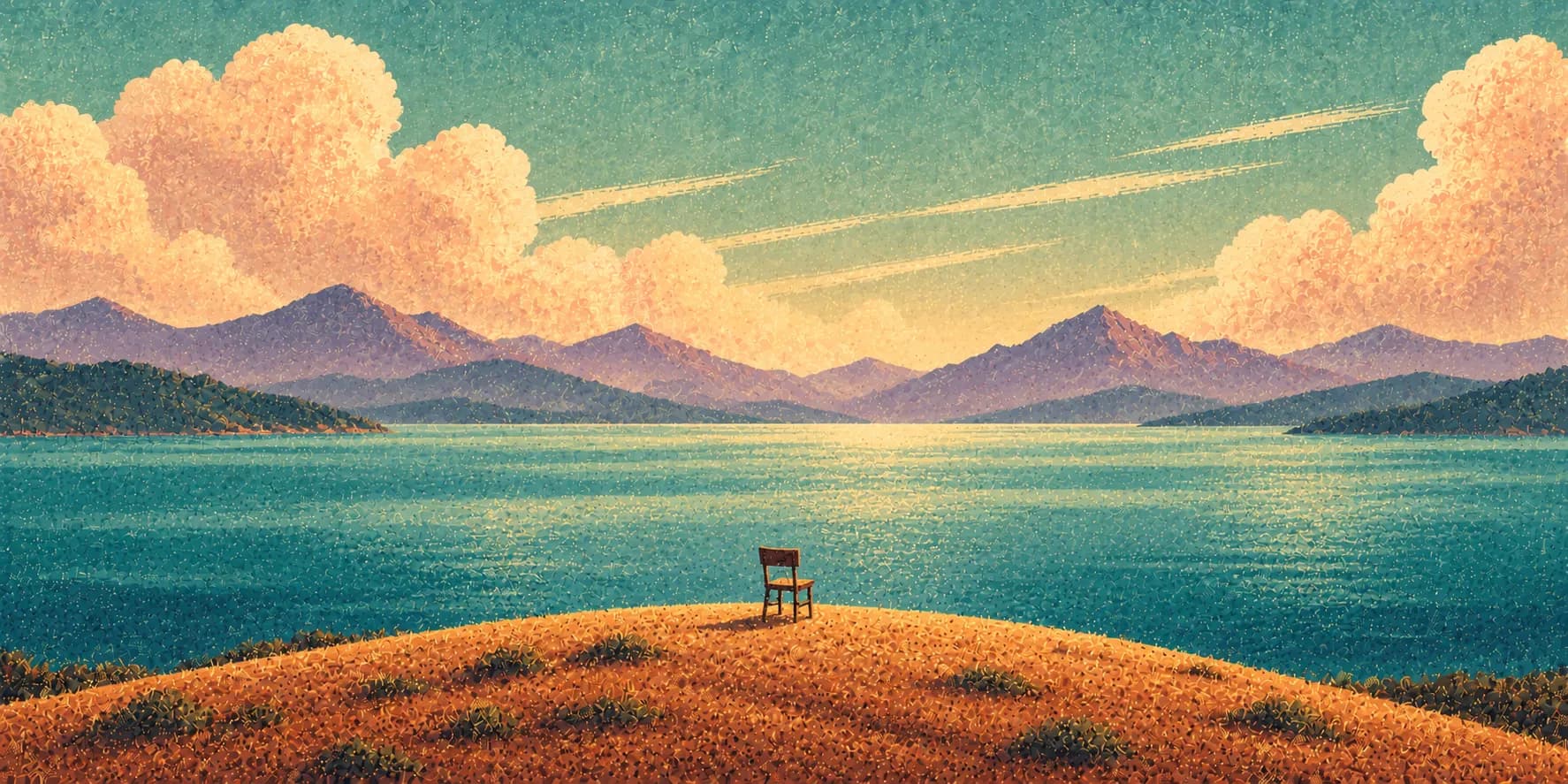 An empty chair on a hilltop looking out over a calm lake and mountains
