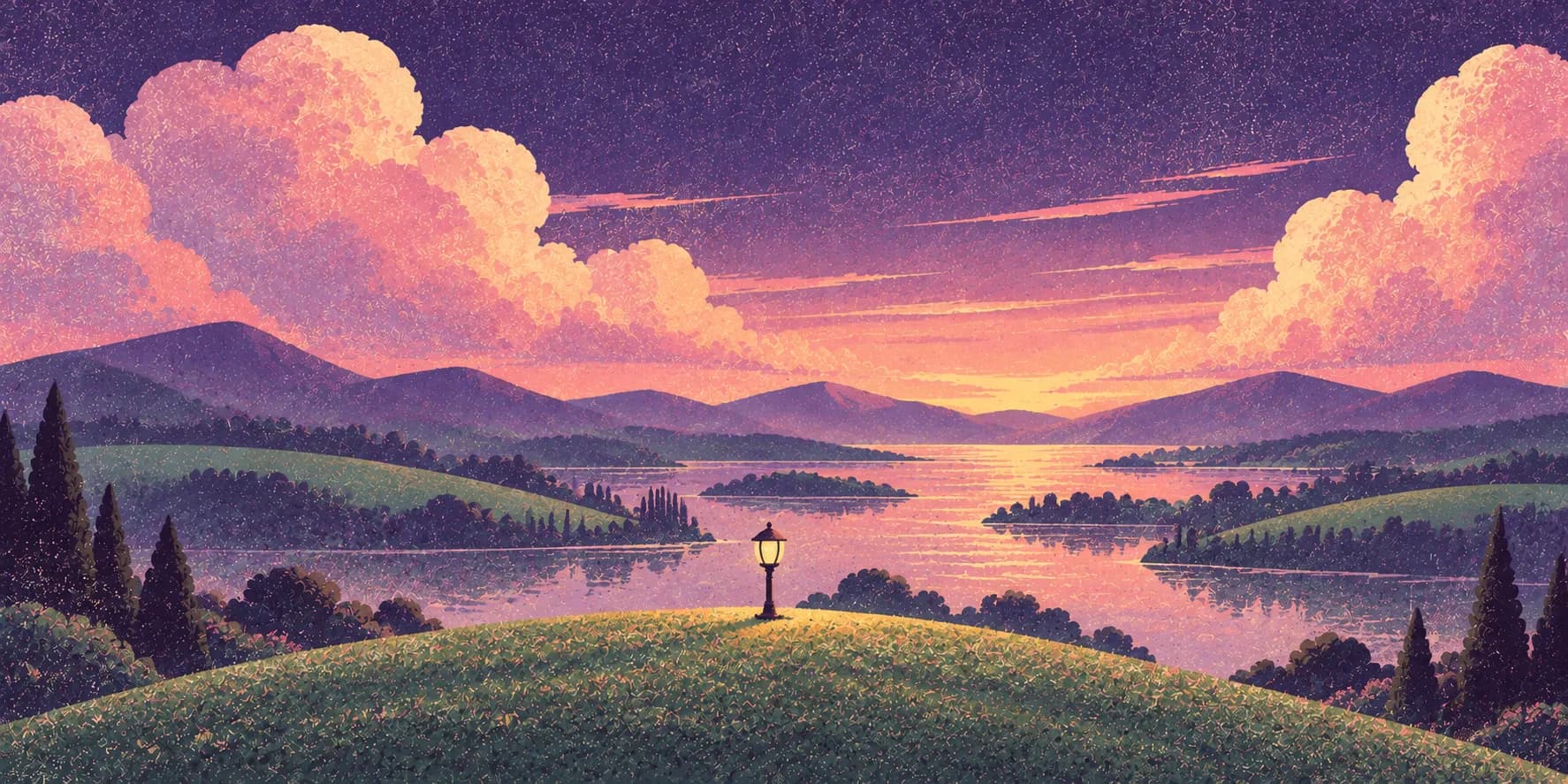 A lit street lamp on a hill overlooking a lake at dusk