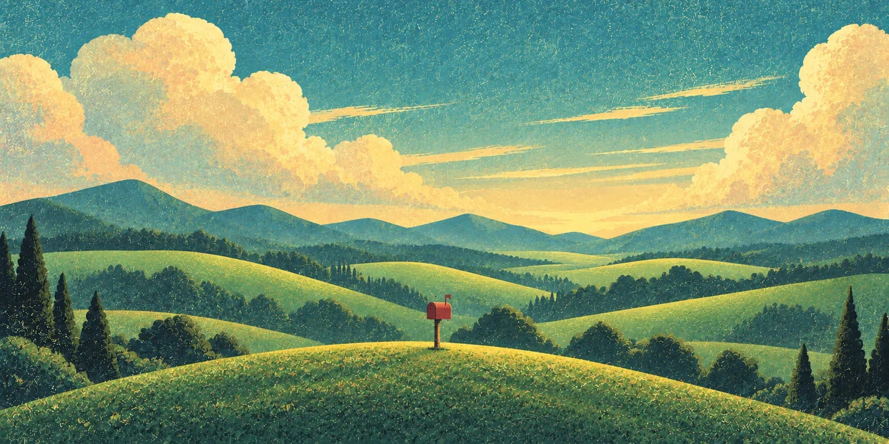 A red mailbox on a hilltop above rolling green valleys