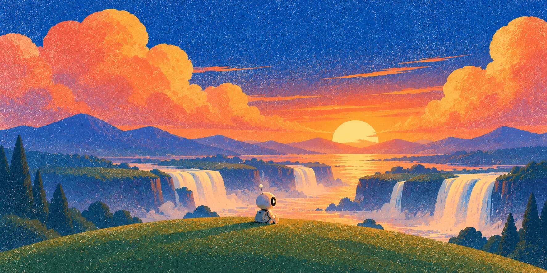A small robot sitting on a hill watching waterfalls at sunset