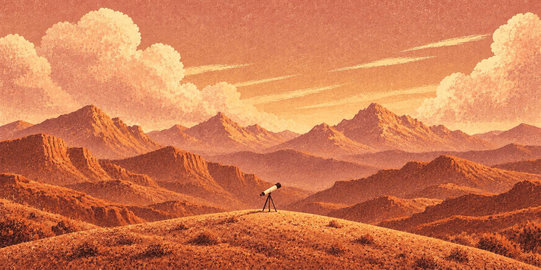 A telescope on a hill looking out over red clay mountains